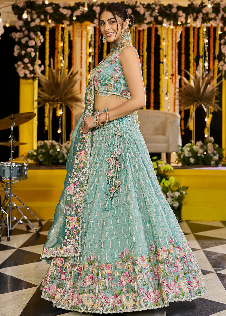 Buy Now Rama Green Satin Silk Sequins & Cording Wedding Lehenga Choli Online in US, UK, Canada, France, Italy, Germany, Austria, Denmark & Worldwide at Empress.