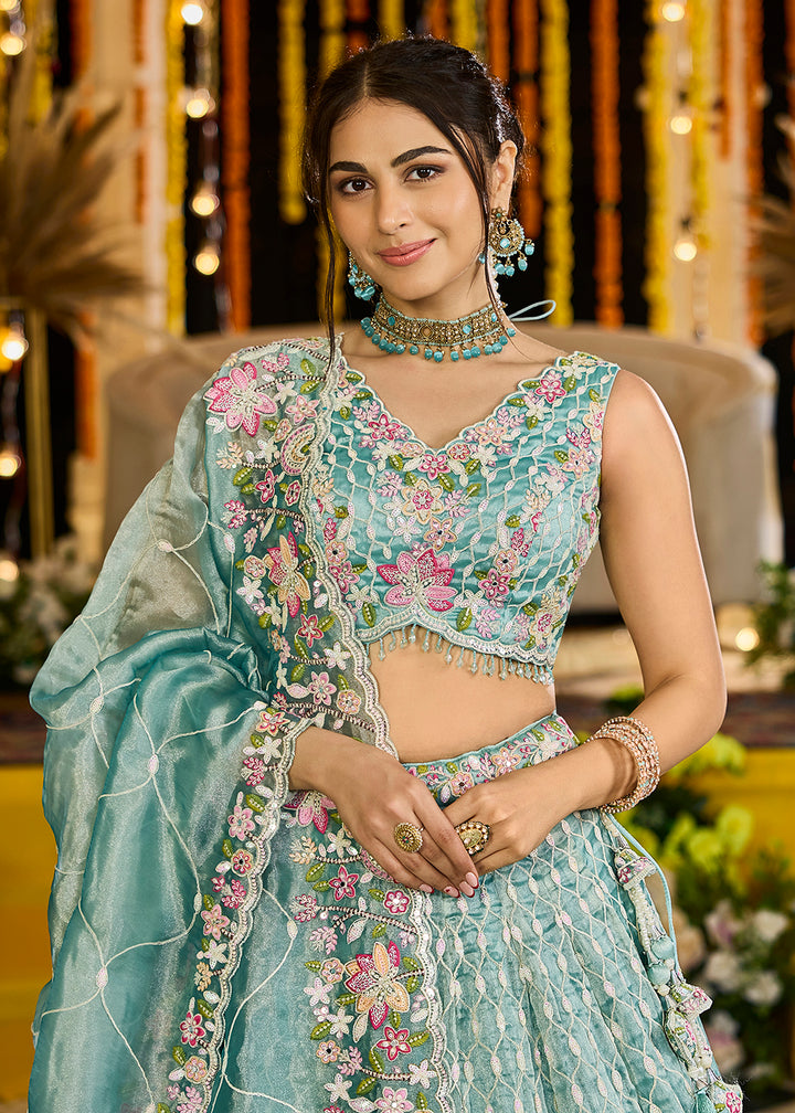 Buy Now Rama Green Satin Silk Sequins & Cording Wedding Lehenga Choli Online in US, UK, Canada, France, Italy, Germany, Austria, Denmark & Worldwide at Empress.