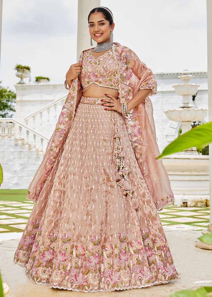 Buy Now Nude Pink Satin Silk Sequins & Cording Wedding Lehenga Choli Online in US, UK, Canada, France, Italy, Germany, Austria, Denmark & Worldwide at Empress.