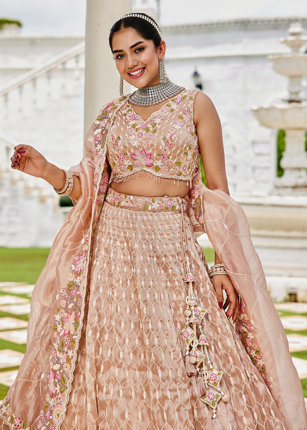 Buy Now Nude Pink Satin Silk Sequins & Cording Wedding Lehenga Choli Online in US, UK, Canada, France, Italy, Germany, Austria, Denmark & Worldwide at Empress.