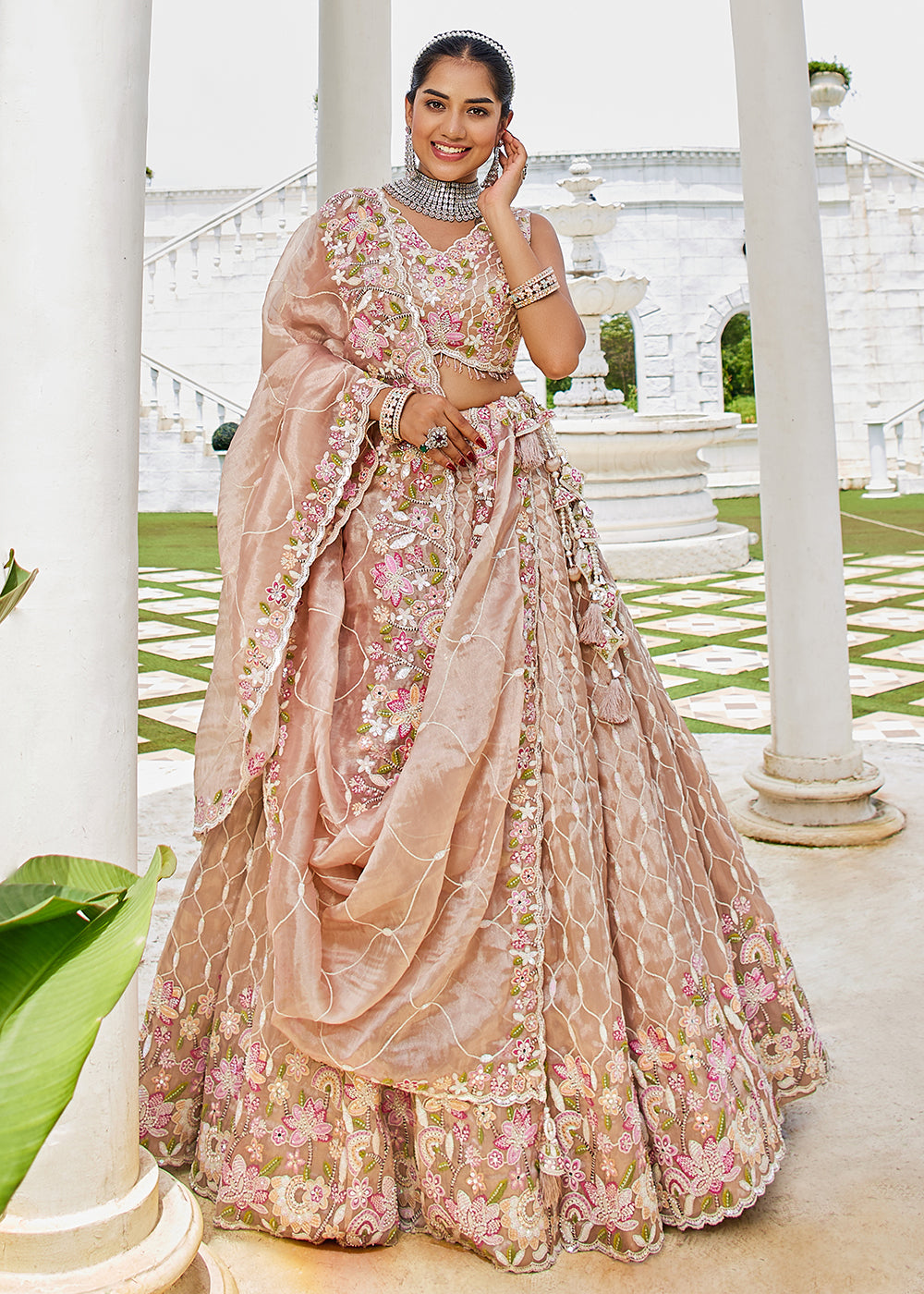 Buy Now Nude Pink Satin Silk Sequins & Cording Wedding Lehenga Choli Online in US, UK, Canada, France, Italy, Germany, Austria, Denmark & Worldwide at Empress.