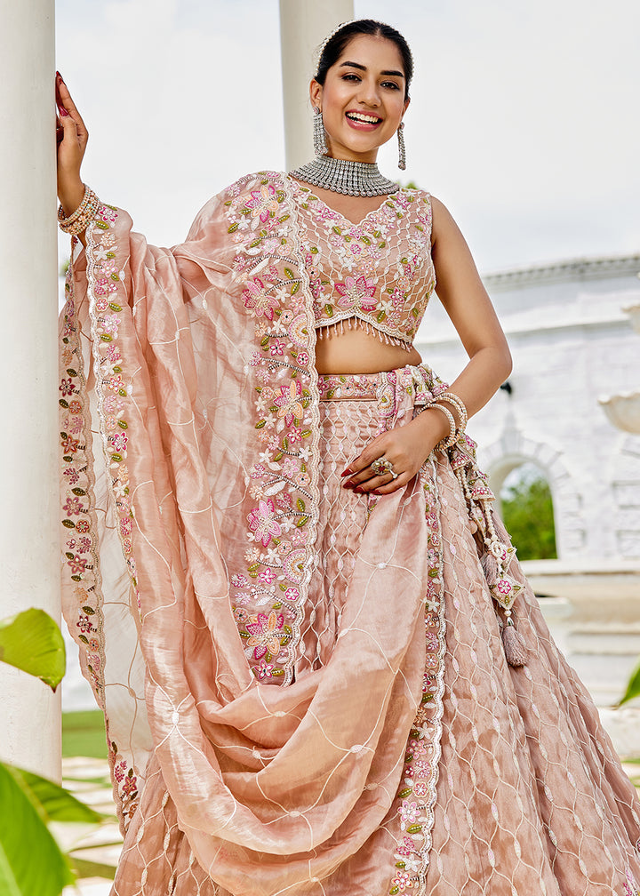 Buy Now Nude Pink Satin Silk Sequins & Cording Wedding Lehenga Choli Online in US, UK, Canada, France, Italy, Germany, Austria, Denmark & Worldwide at Empress.