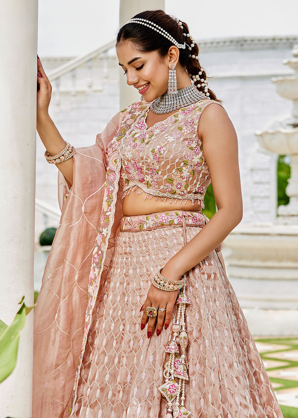 Buy Now Nude Pink Satin Silk Sequins & Cording Wedding Lehenga Choli Online in US, UK, Canada, France, Italy, Germany, Austria, Denmark & Worldwide at Empress.