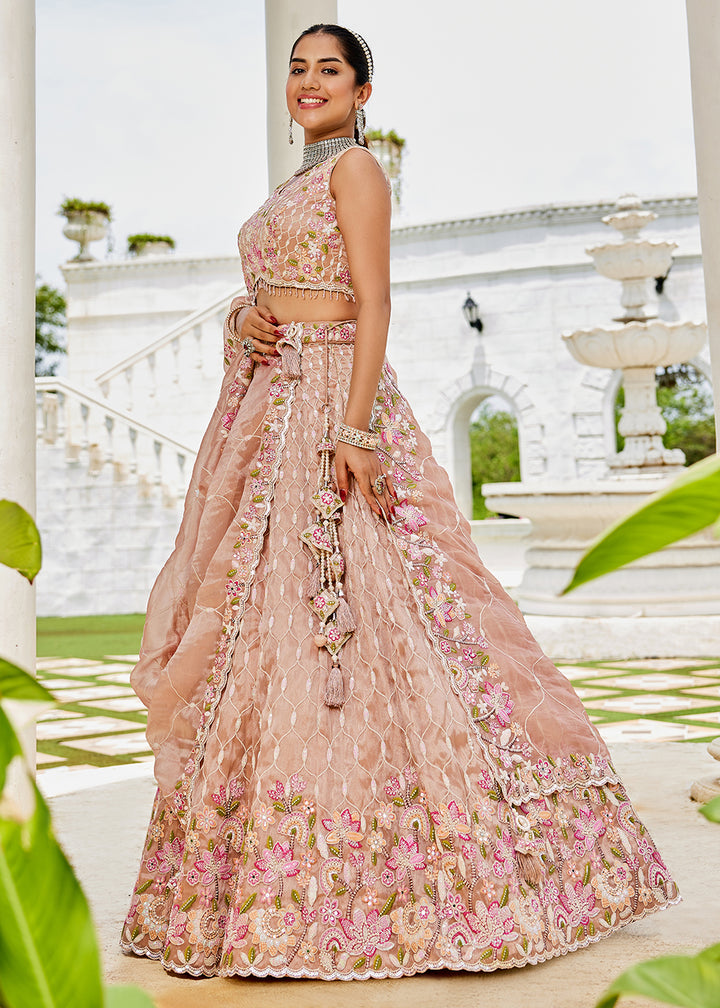 Buy Now Nude Pink Satin Silk Sequins & Cording Wedding Lehenga Choli Online in US, UK, Canada, France, Italy, Germany, Austria, Denmark & Worldwide at Empress.