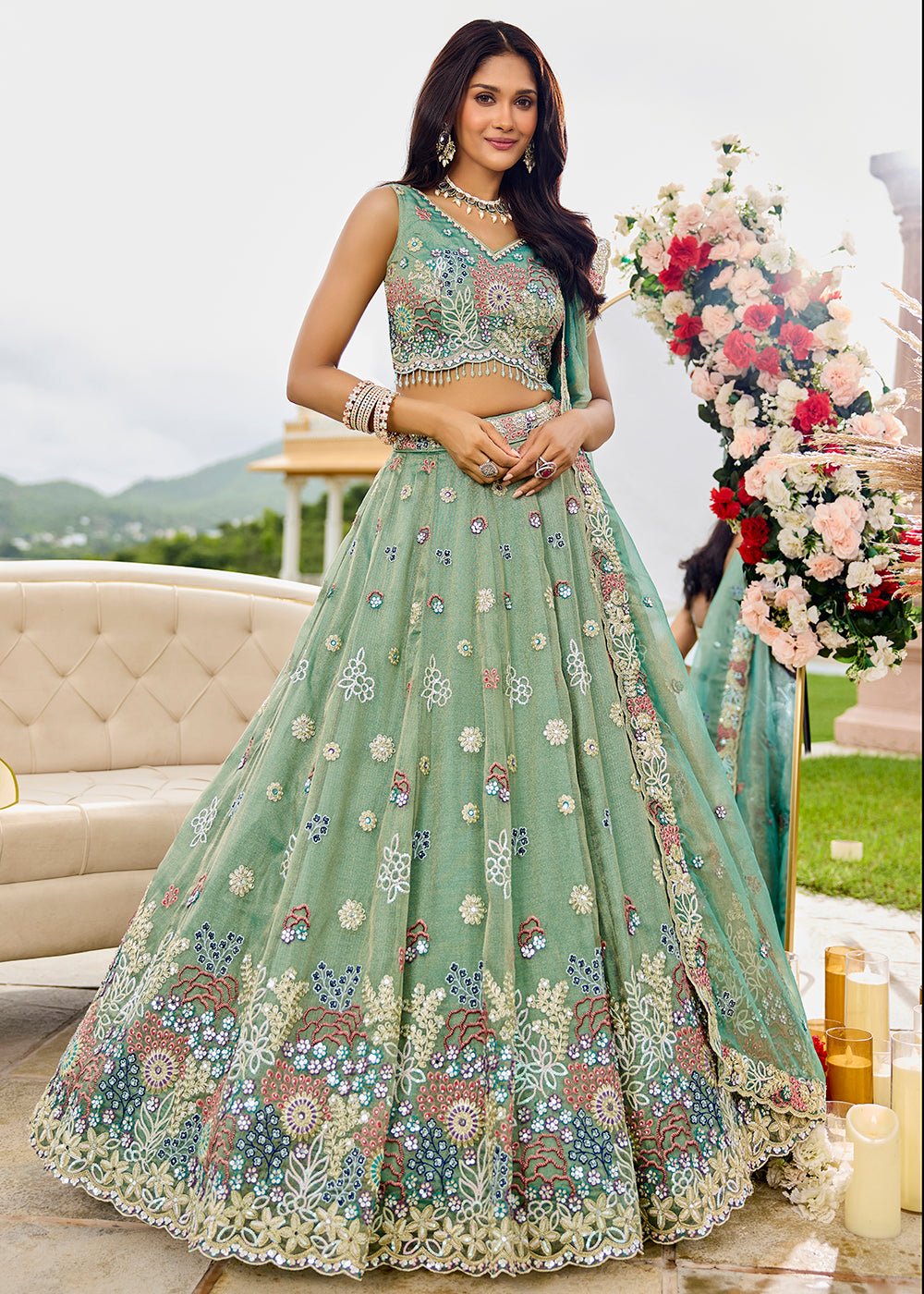 Buy Now Green Satin Silk Cording & Sequins Wedding Lehenga Choli Online in US, UK, Canada, France, Italy, Germany, Austria, Denmark, UAE & Worldwide at Empress.