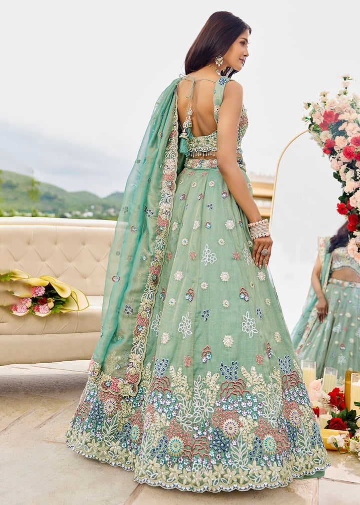 Buy Now Green Satin Silk Cording & Sequins Wedding Lehenga Choli Online in US, UK, Canada, France, Italy, Germany, Austria, Denmark, UAE & Worldwide at Empress.