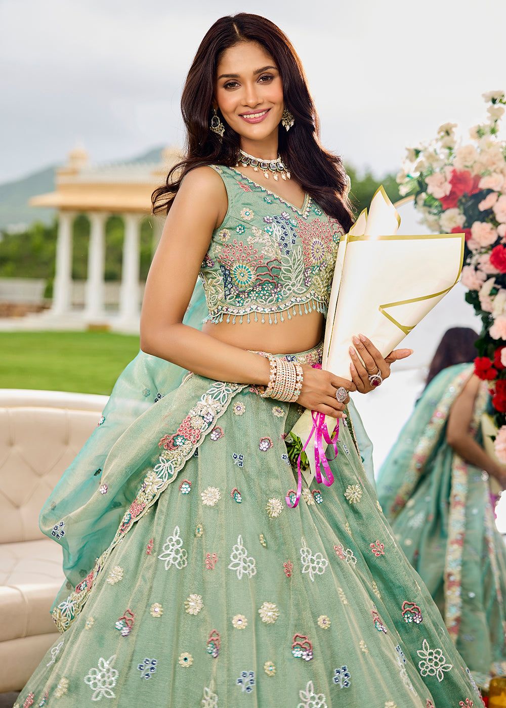 Buy Now Green Satin Silk Cording & Sequins Wedding Lehenga Choli Online in US, UK, Canada, France, Italy, Germany, Austria, Denmark, UAE & Worldwide at Empress.