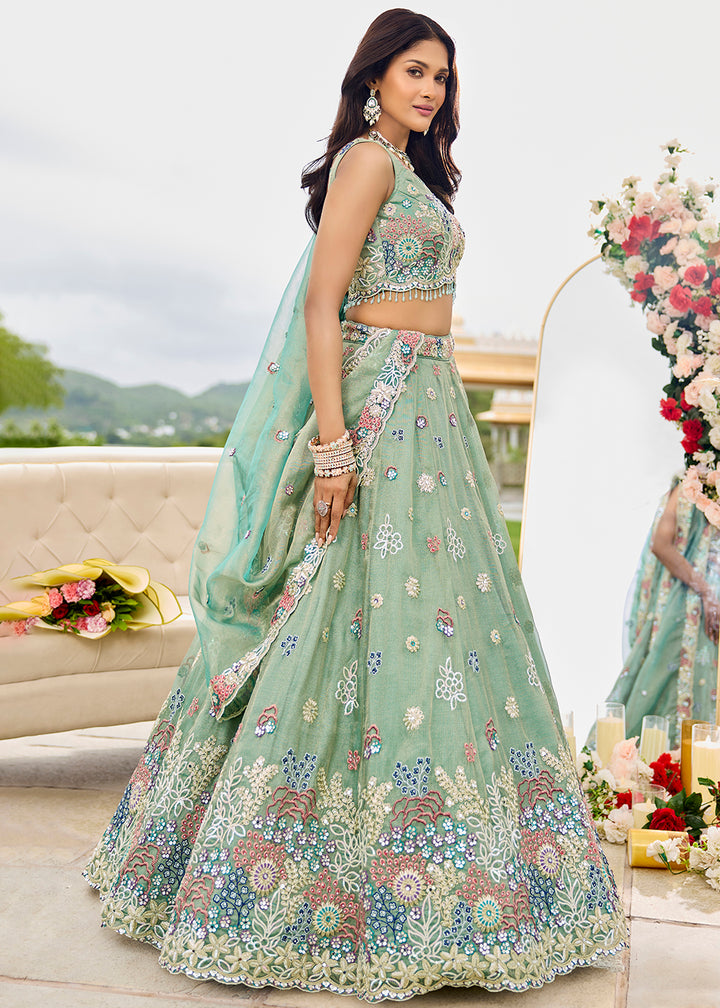 Buy Now Green Satin Silk Cording & Sequins Wedding Lehenga Choli Online in US, UK, Canada, France, Italy, Germany, Austria, Denmark, UAE & Worldwide at Empress.