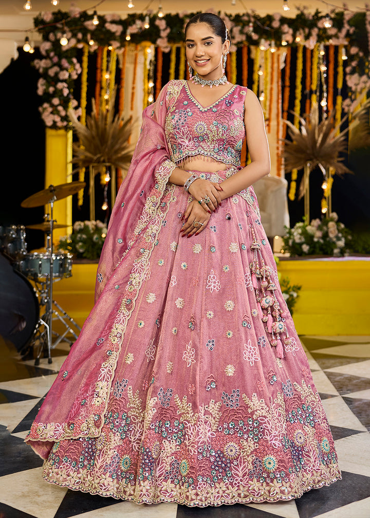 Buy Now Pink Satin Silk Cording & Sequins Wedding Lehenga Choli Online in US, UK, Canada, France, Italy, Germany, Austria, Denmark, UAE & Worldwide at Empress.