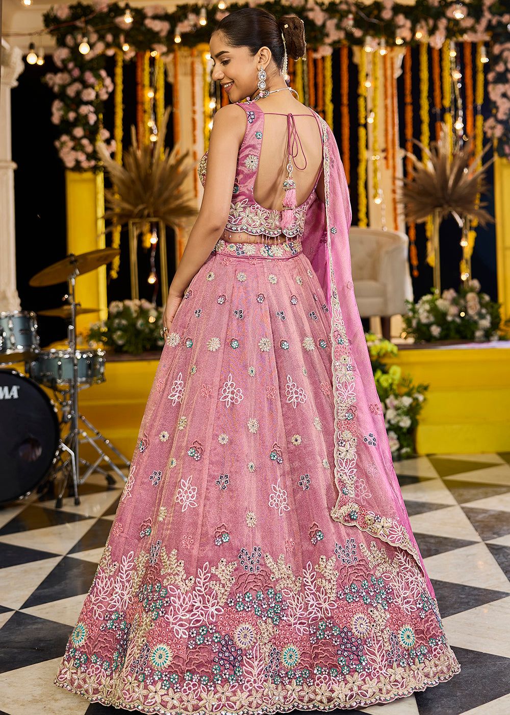 Buy Now Pink Satin Silk Cording & Sequins Wedding Lehenga Choli Online in US, UK, Canada, France, Italy, Germany, Austria, Denmark, UAE & Worldwide at Empress.