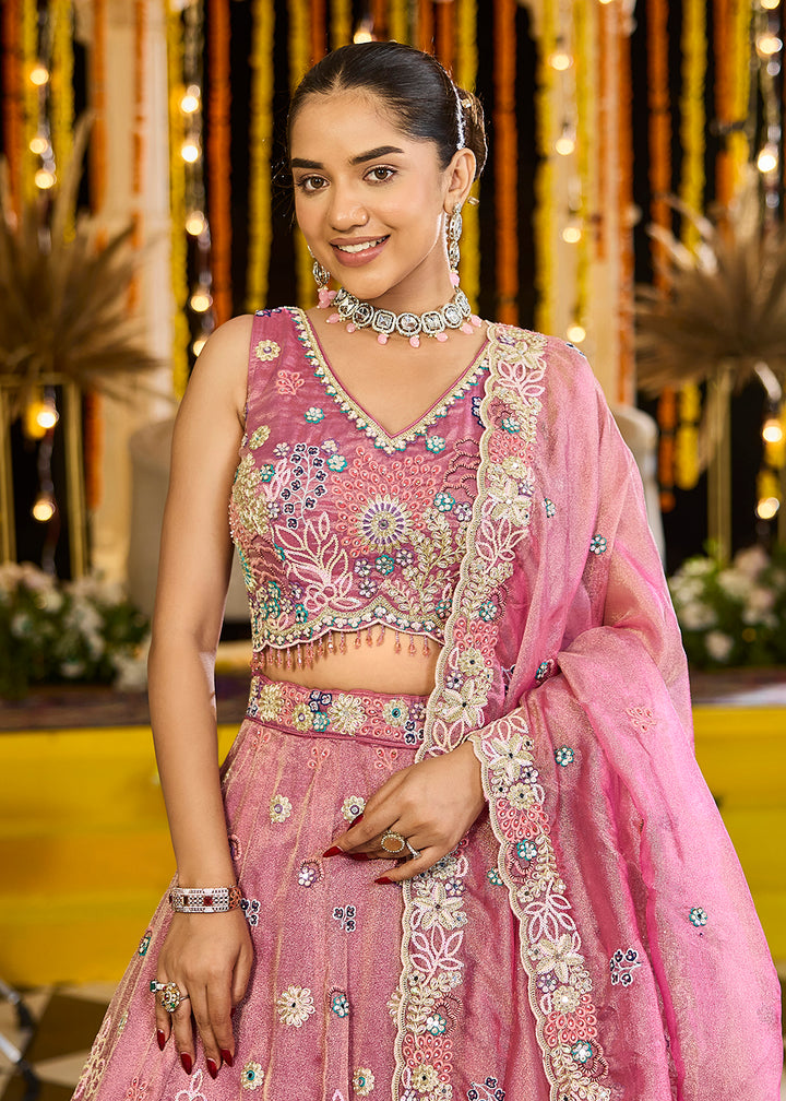 Buy Now Pink Satin Silk Cording & Sequins Wedding Lehenga Choli Online in US, UK, Canada, France, Italy, Germany, Austria, Denmark, UAE & Worldwide at Empress.