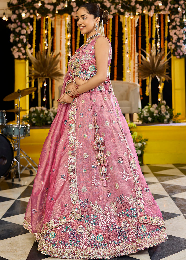 Buy Now Pink Satin Silk Cording & Sequins Wedding Lehenga Choli Online in US, UK, Canada, France, Italy, Germany, Austria, Denmark, UAE & Worldwide at Empress.