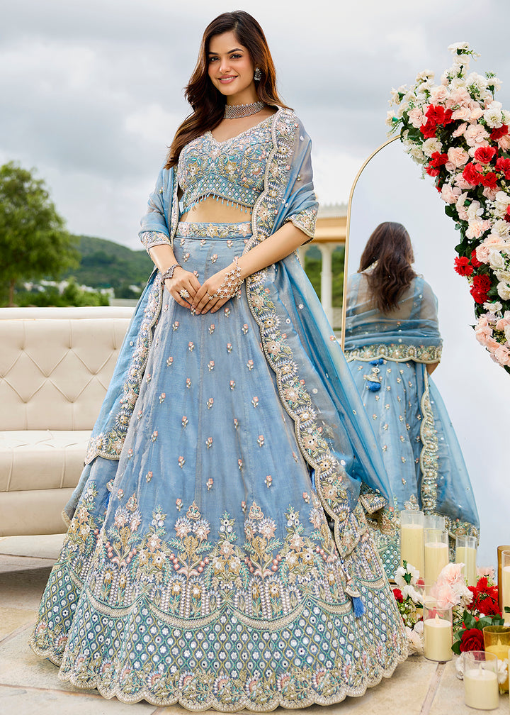 Buy Now Sky Blue Satin Silk Cording & Sequins Wedding Lehenga Choli Online in US, UK, Canada, France, Italy, Germany, Austria, Denmark & Worldwide at Empress.