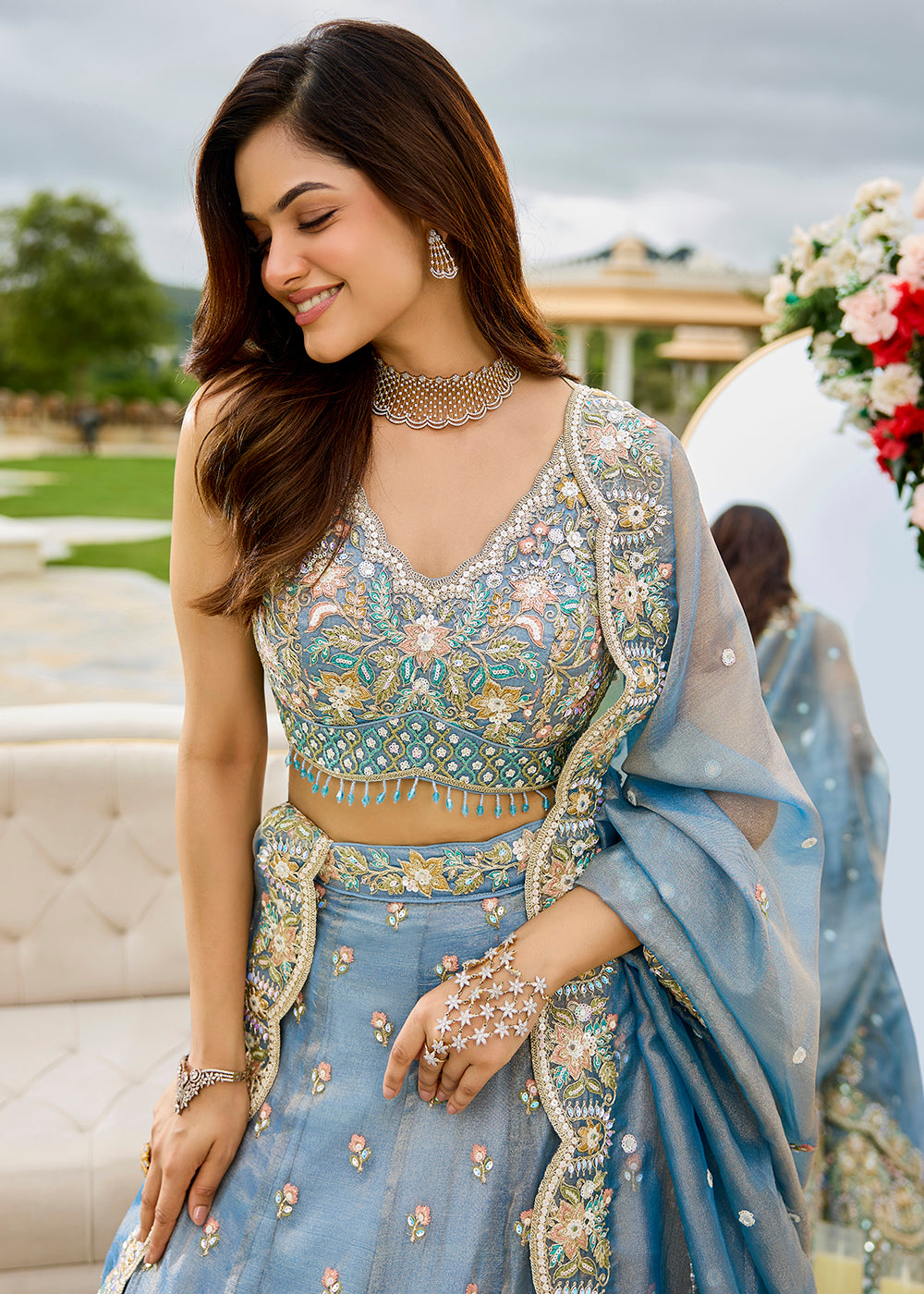Buy Now Sky Blue Satin Silk Cording & Sequins Wedding Lehenga Choli Online in US, UK, Canada, France, Italy, Germany, Austria, Denmark & Worldwide at Empress.
