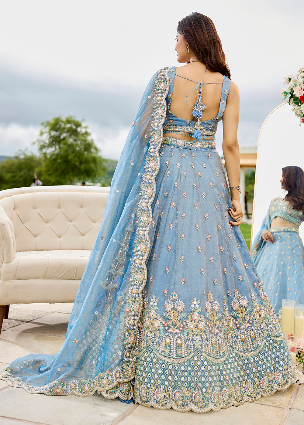 Buy Now Sky Blue Satin Silk Cording & Sequins Wedding Lehenga Choli Online in US, UK, Canada, France, Italy, Germany, Austria, Denmark & Worldwide at Empress.