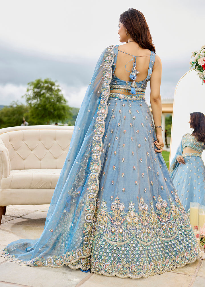 Buy Now Sky Blue Satin Silk Cording & Sequins Wedding Lehenga Choli Online in US, UK, Canada, France, Italy, Germany, Austria, Denmark & Worldwide at Empress.