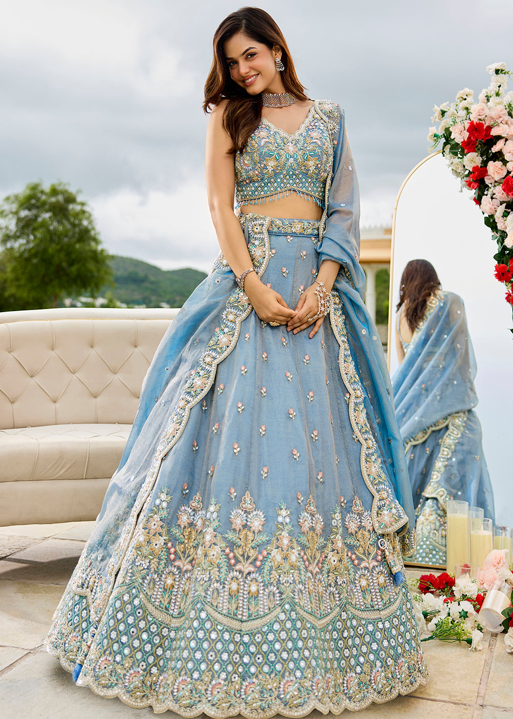Buy Now Sky Blue Satin Silk Cording & Sequins Wedding Lehenga Choli Online in US, UK, Canada, France, Italy, Germany, Austria, Denmark & Worldwide at Empress.
