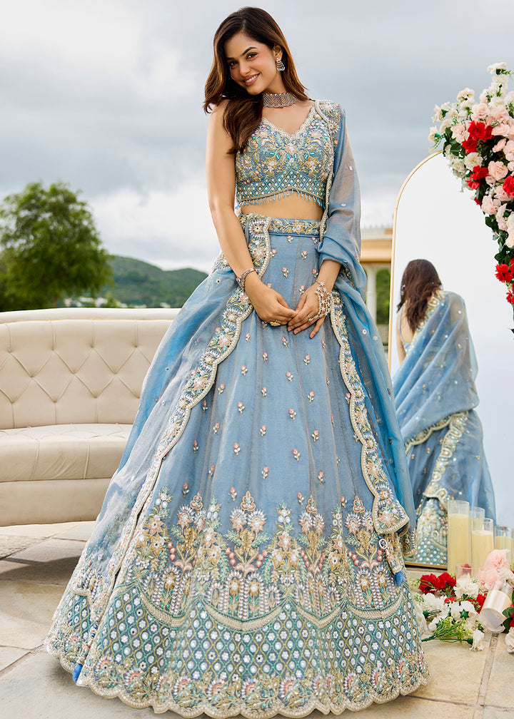 Buy Now Sky Blue Satin Silk Cording & Sequins Wedding Lehenga Choli Online in US, UK, Canada, France, Italy, Germany, Austria, Denmark & Worldwide at Empress.