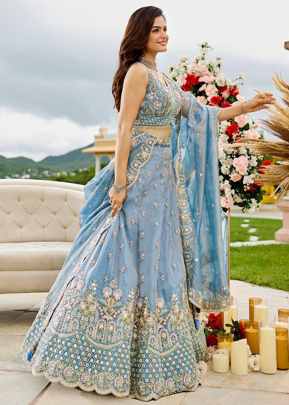 Buy Now Sky Blue Satin Silk Cording & Sequins Wedding Lehenga Choli Online in US, UK, Canada, France, Italy, Germany, Austria, Denmark & Worldwide at Empress.