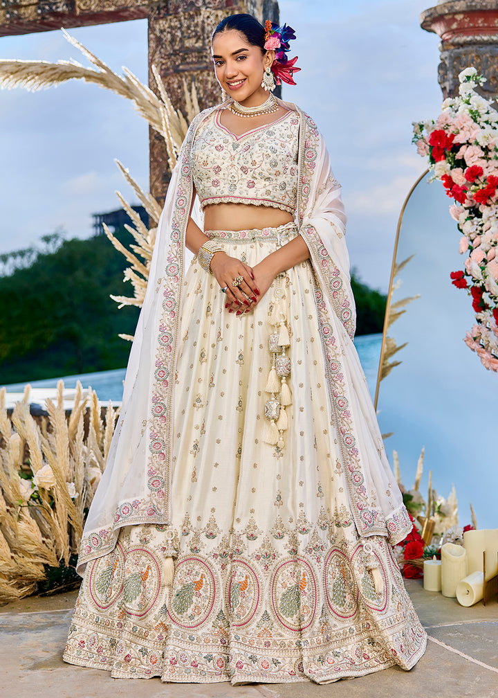 Buy Now Silk Fabric Cream Color Wedding Wear Lehenga Choli Online in US, UK, Canada, France, Italy, Germany, Sweden, Greece, Denmark & Worldwide at Empress.