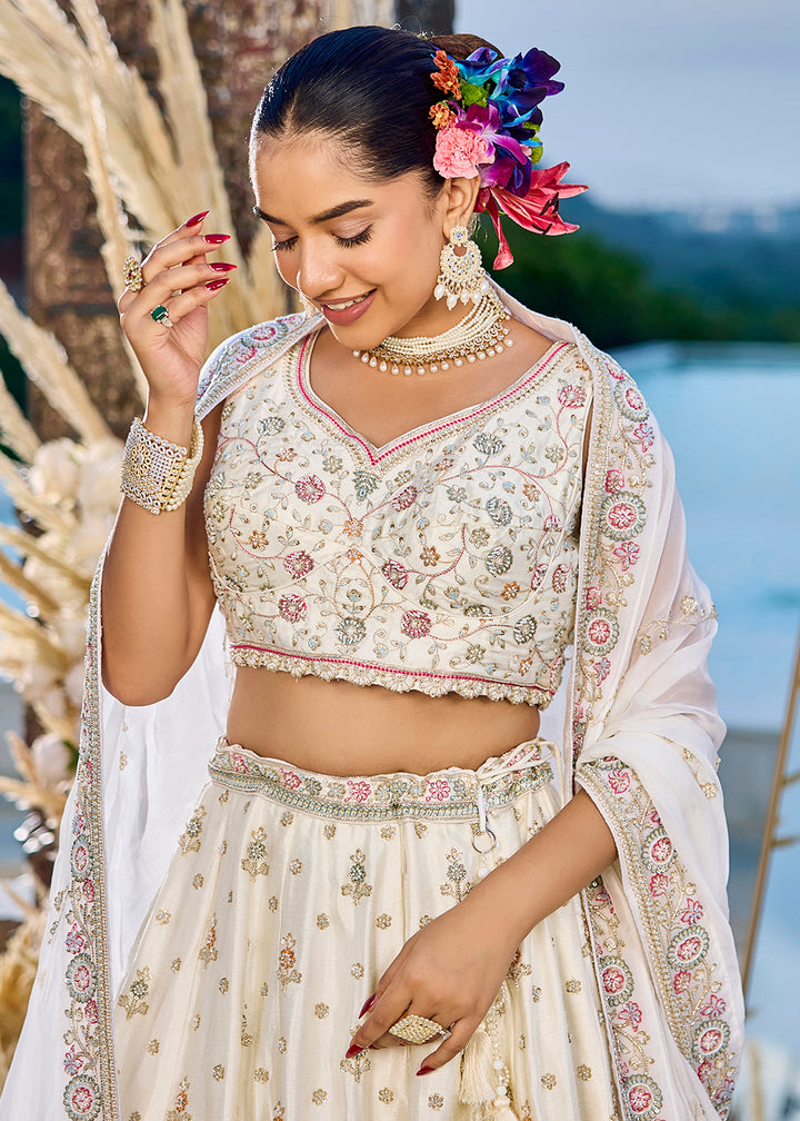 Buy Now Silk Fabric Cream Color Wedding Wear Lehenga Choli Online in US, UK, Canada, France, Italy, Germany, Sweden, Greece, Denmark & Worldwide at Empress.