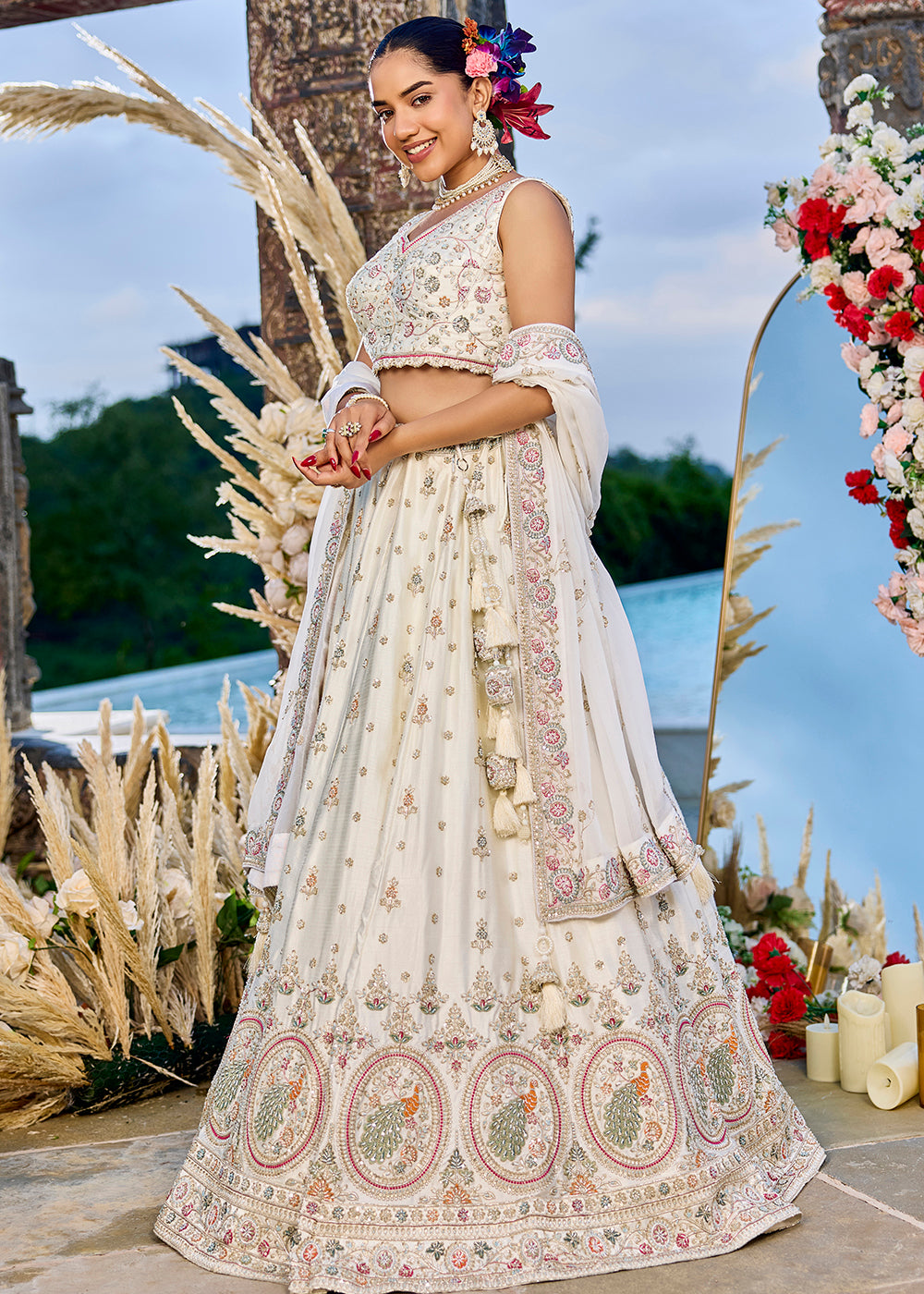 Buy Now Silk Fabric Cream Color Wedding Wear Lehenga Choli Online in US, UK, Canada, France, Italy, Germany, Sweden, Greece, Denmark & Worldwide at Empress.