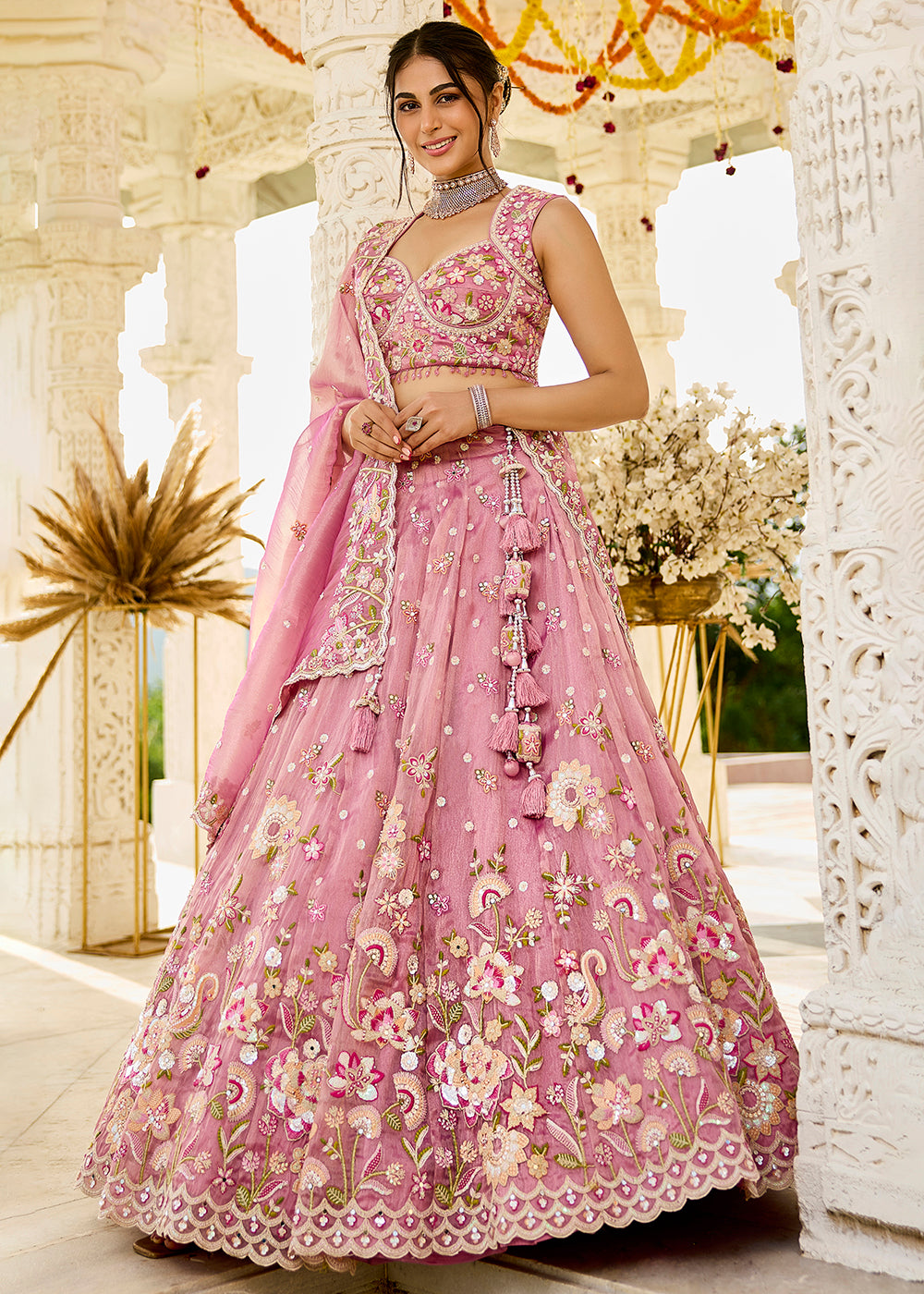 Buy Now Pink Organza Beads & Sequins Wedding Lehenga Choli Online in US, UK, Canada, France, Italy, Germany, Austria, Denmark, Spain & Worldwide at Empress.