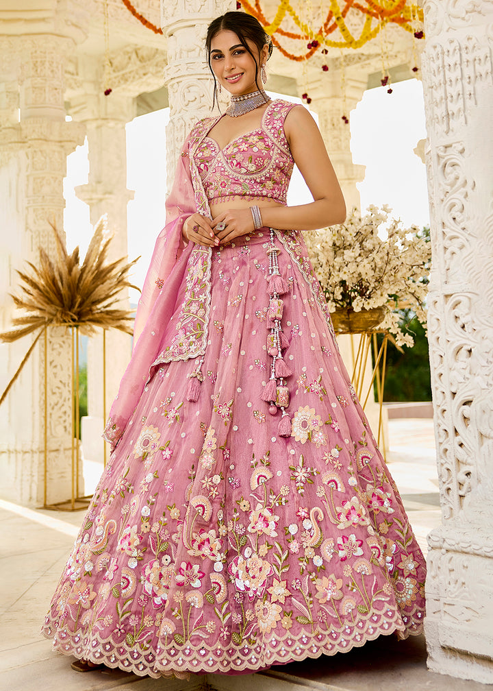 Buy Now Pink Organza Beads & Sequins Wedding Lehenga Choli Online in US, UK, Canada, France, Italy, Germany, Austria, Denmark, Spain & Worldwide at Empress.