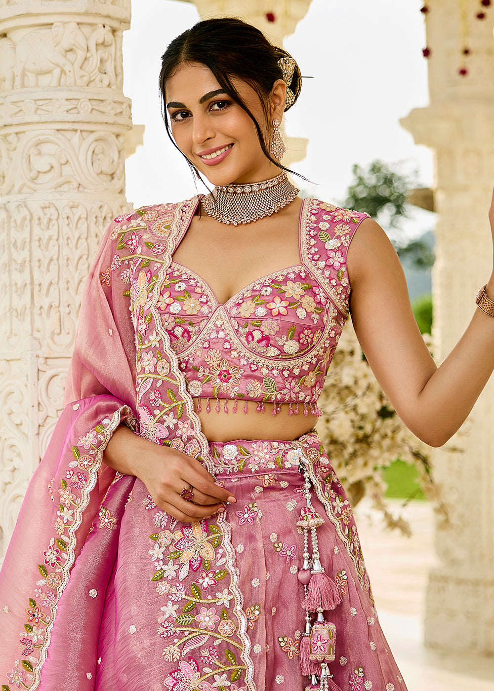 Buy Now Pink Organza Beads & Sequins Wedding Lehenga Choli Online in US, UK, Canada, France, Italy, Germany, Austria, Denmark, Spain & Worldwide at Empress.