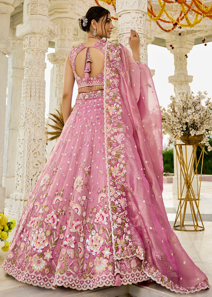 Buy Now Pink Organza Beads & Sequins Wedding Lehenga Choli Online in US, UK, Canada, France, Italy, Germany, Austria, Denmark, Spain & Worldwide at Empress.