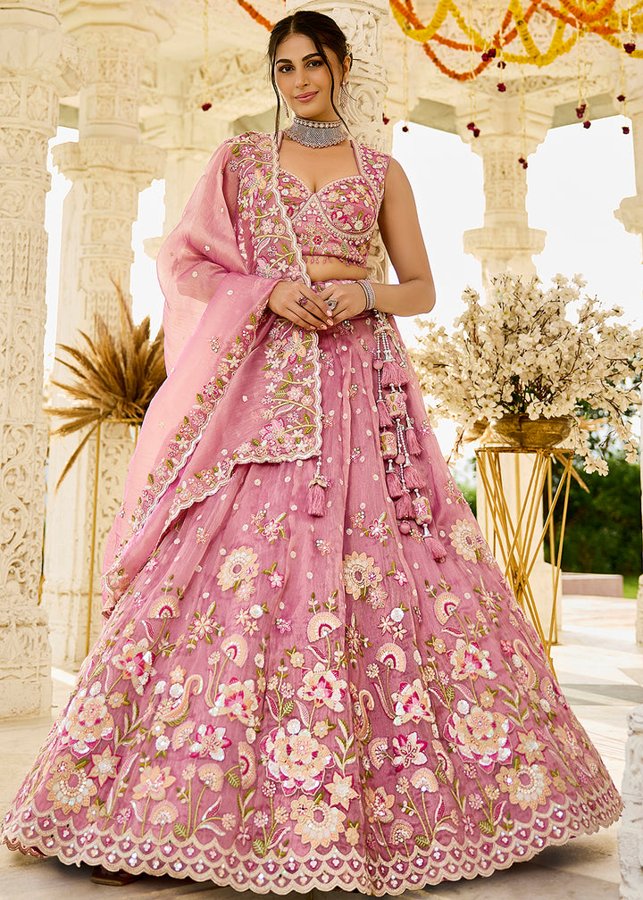 Buy Now Pink Organza Beads & Sequins Wedding Lehenga Choli Online in US, UK, Canada, France, Italy, Germany, Austria, Denmark, Spain & Worldwide at Empress.