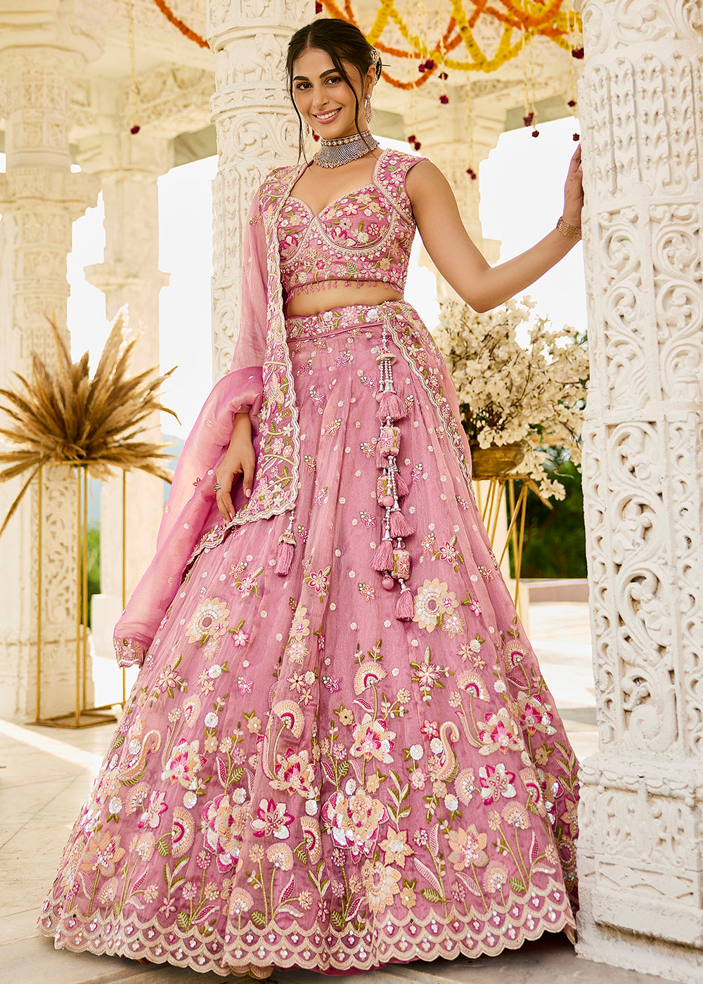Buy Now Pink Organza Beads & Sequins Wedding Lehenga Choli Online in US, UK, Canada, France, Italy, Germany, Austria, Denmark, Spain & Worldwide at Empress.