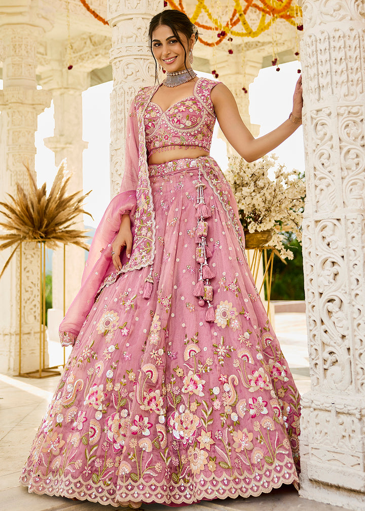 Buy Now Pink Organza Beads & Sequins Wedding Lehenga Choli Online in US, UK, Canada, France, Italy, Germany, Austria, Denmark, Spain & Worldwide at Empress.