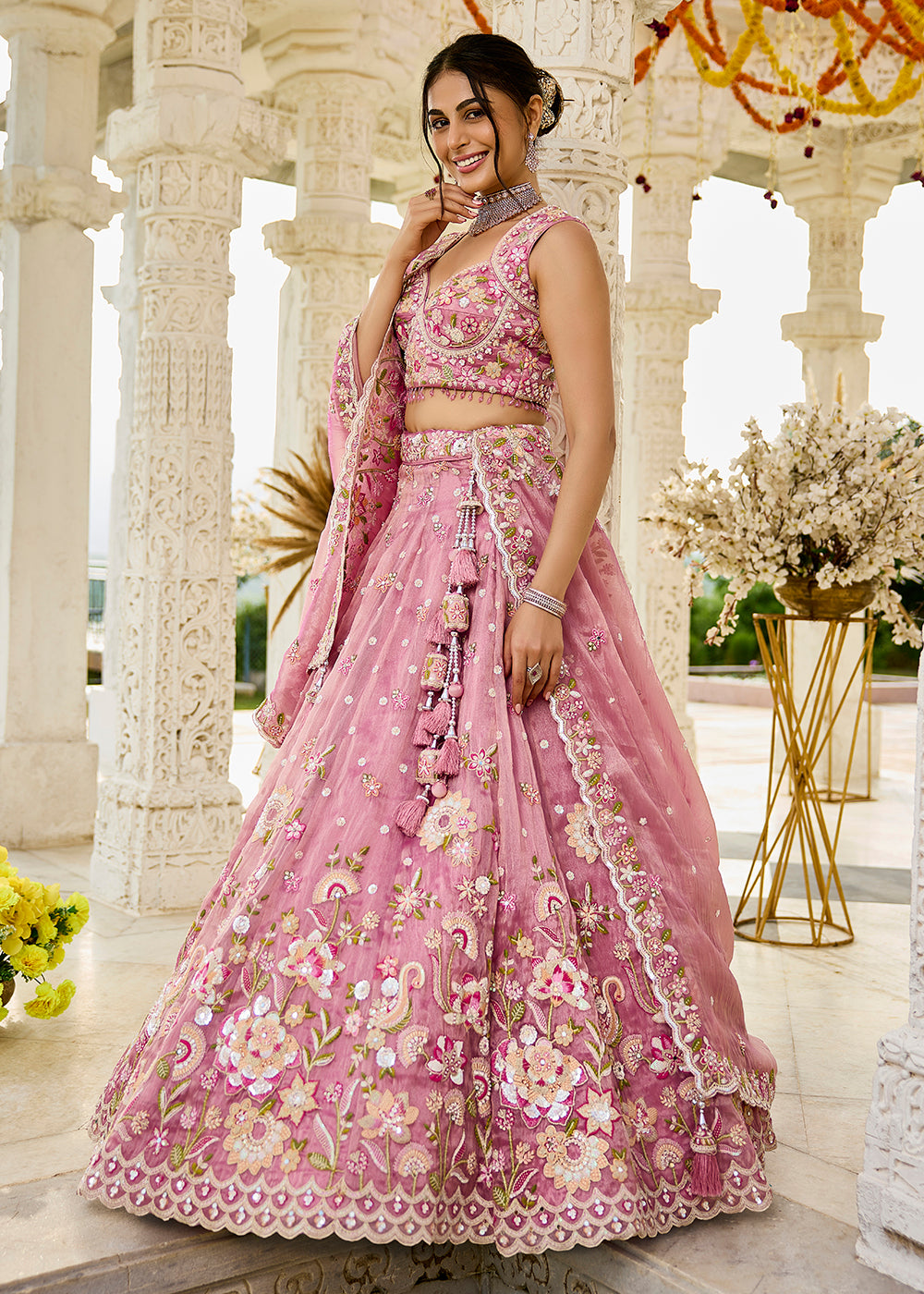 Buy Now Pink Organza Beads & Sequins Wedding Lehenga Choli Online in US, UK, Canada, France, Italy, Germany, Austria, Denmark, Spain & Worldwide at Empress.