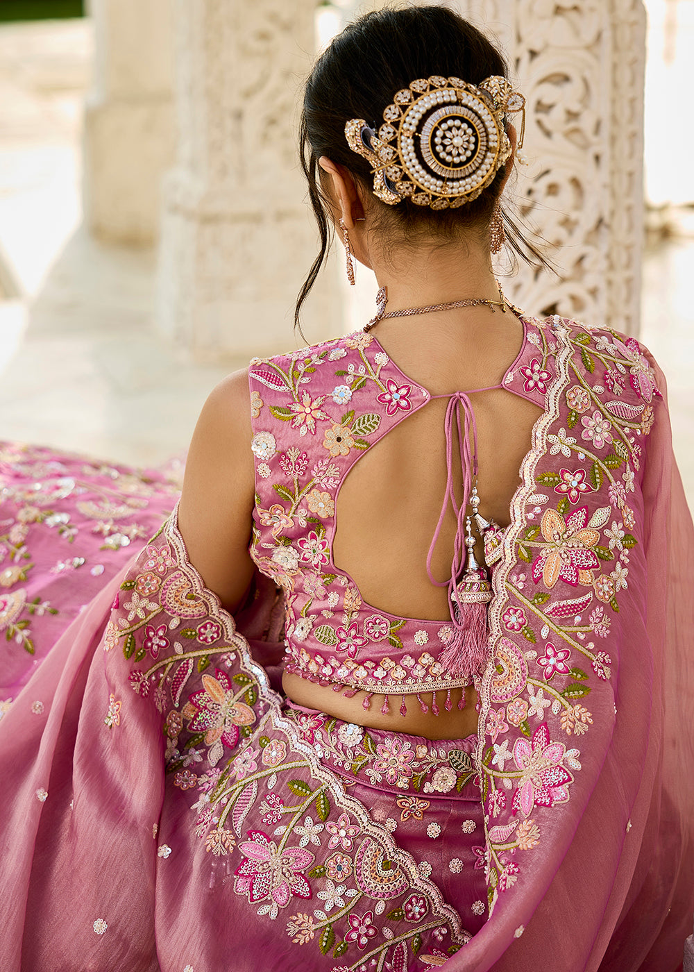 Buy Now Pink Organza Beads & Sequins Wedding Lehenga Choli Online in US, UK, Canada, France, Italy, Germany, Austria, Denmark, Spain & Worldwide at Empress.