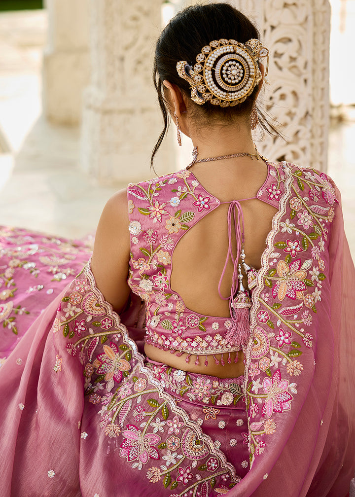 Buy Now Pink Organza Beads & Sequins Wedding Lehenga Choli Online in US, UK, Canada, France, Italy, Germany, Austria, Denmark, Spain & Worldwide at Empress.