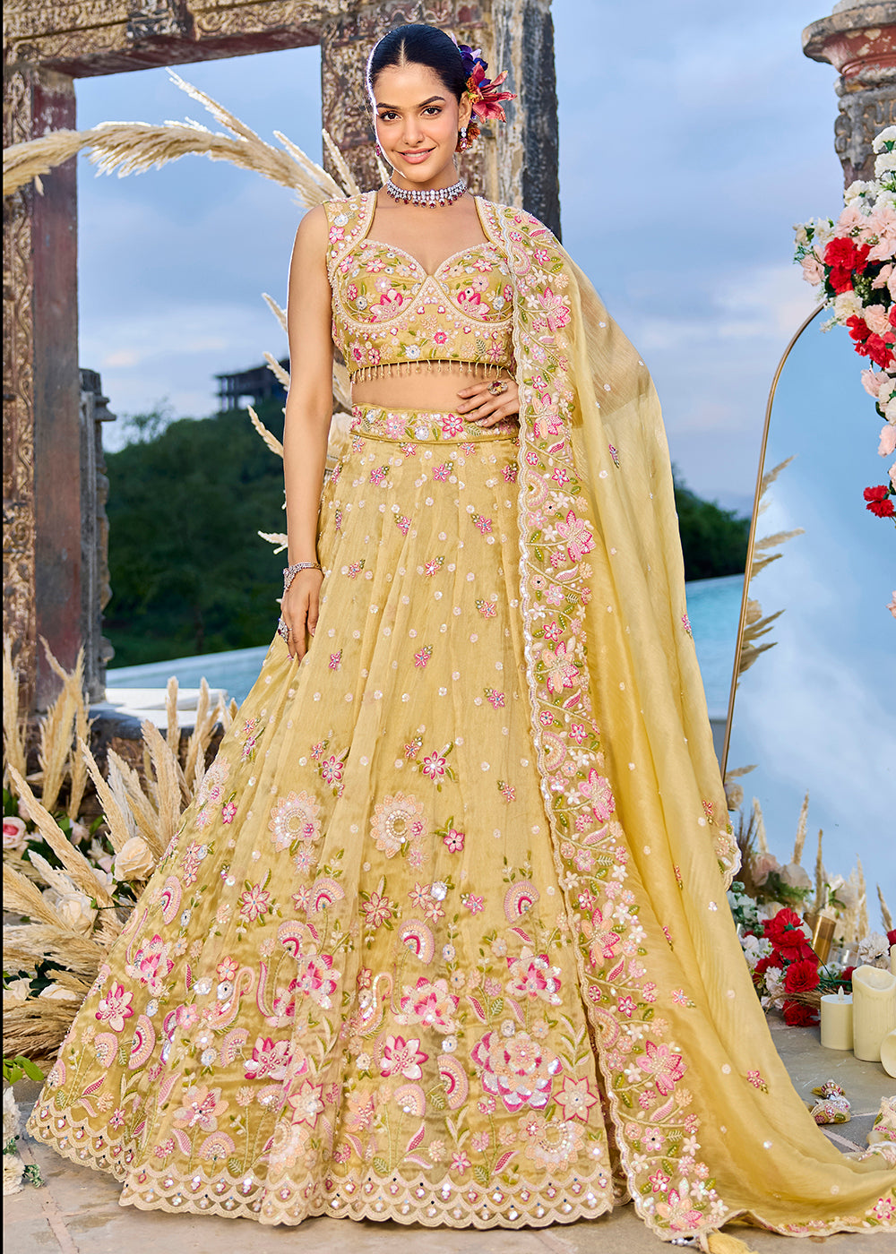 Buy Now Yellow Organza Beads & Sequins Wedding Lehenga Choli Online in US, UK, Canada, France, Italy, Germany, Austria, Denmark, Spain & Worldwide at Empress.