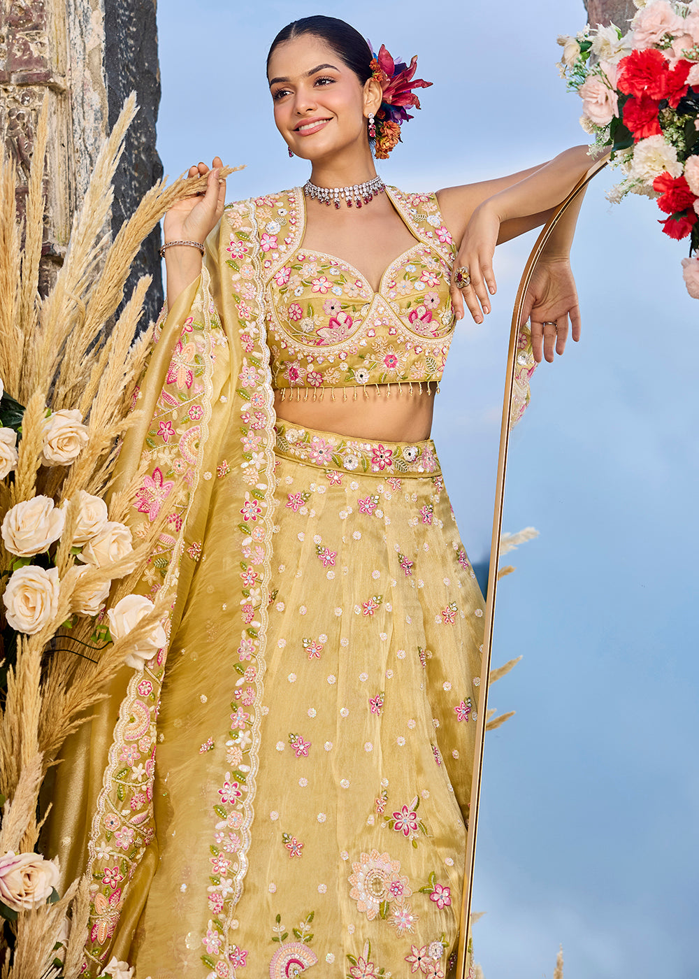 Buy Now Yellow Organza Beads & Sequins Wedding Lehenga Choli Online in US, UK, Canada, France, Italy, Germany, Austria, Denmark, Spain & Worldwide at Empress.