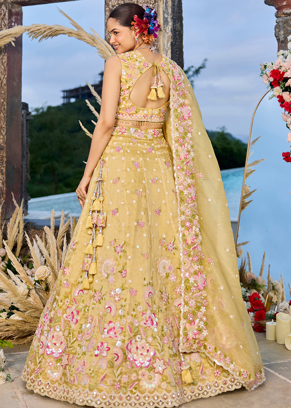 Buy Now Yellow Organza Beads & Sequins Wedding Lehenga Choli Online in US, UK, Canada, France, Italy, Germany, Austria, Denmark, Spain & Worldwide at Empress.