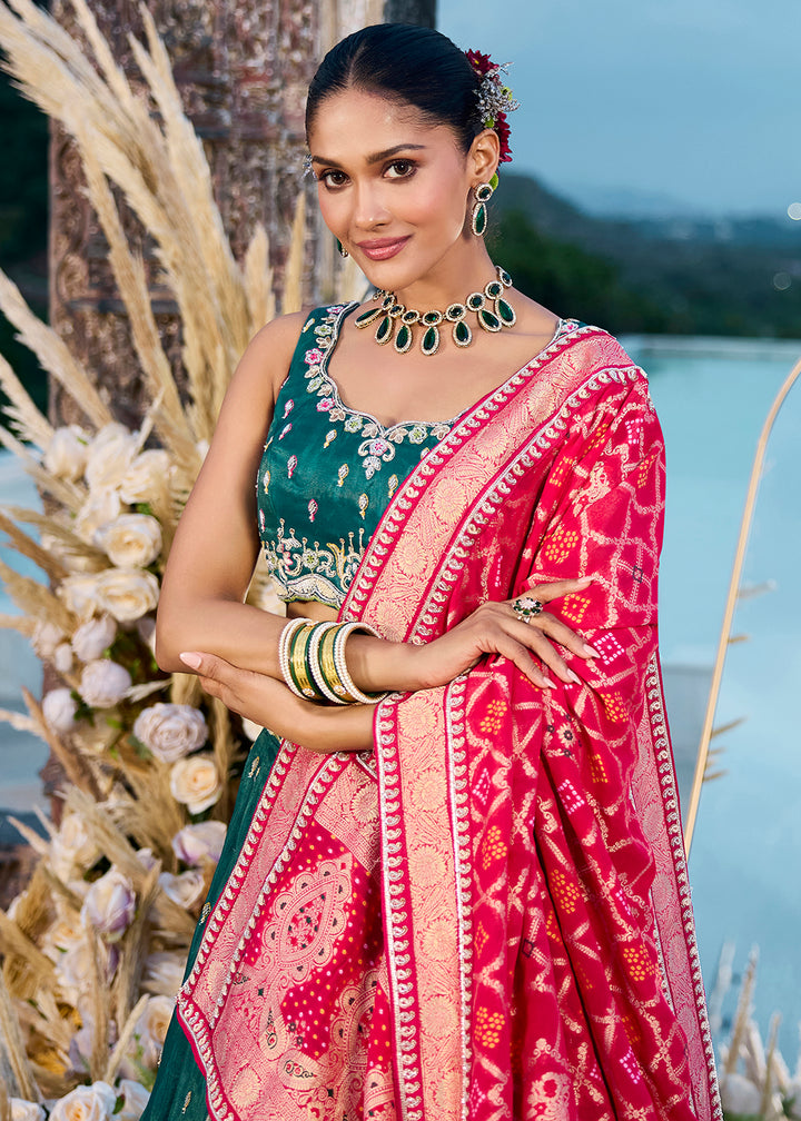 Buy Now Green Cosmos Silk Embroidered Wedding Lehenga Choli Online in US, UK, Canada, France, Italy, Germany, Sweden, Denmark, Greece & Worldwide at Empress.