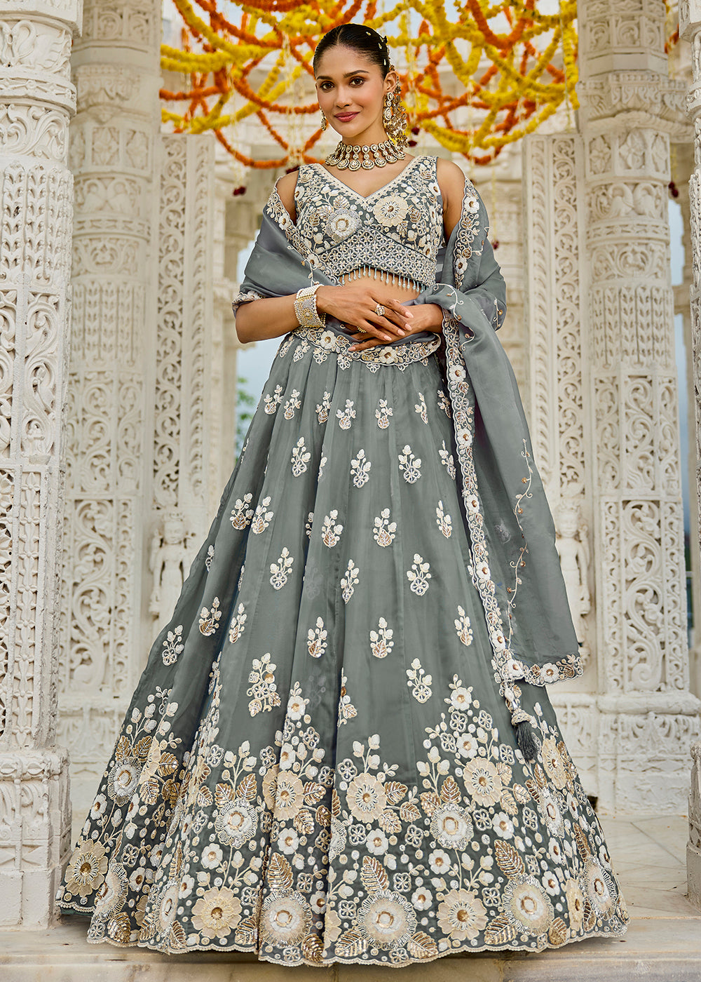 Buy Now Grey Organza Beads & Sequins Wedding Lehenga Choli Online in US, UK, Canada, France, Italy, Germany, Austria, Denmark, Spain & Worldwide at Empress.