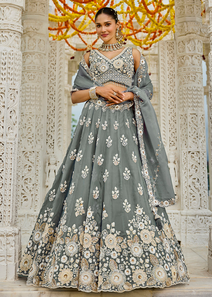 Buy Now Grey Organza Beads & Sequins Wedding Lehenga Choli Online in US, UK, Canada, France, Italy, Germany, Austria, Denmark, Spain & Worldwide at Empress.