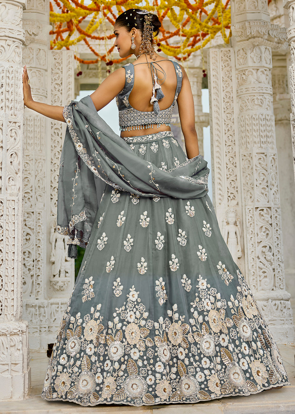 Buy Now Grey Organza Beads & Sequins Wedding Lehenga Choli Online in US, UK, Canada, France, Italy, Germany, Austria, Denmark, Spain & Worldwide at Empress.