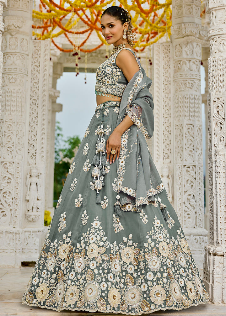 Buy Now Grey Organza Beads & Sequins Wedding Lehenga Choli Online in US, UK, Canada, France, Italy, Germany, Austria, Denmark, Spain & Worldwide at Empress.