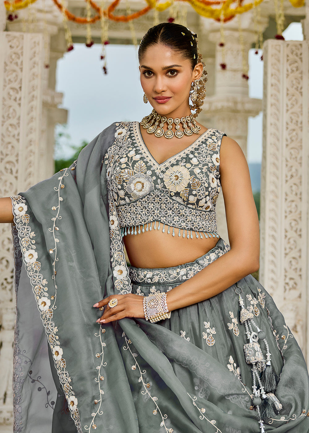 Buy Now Grey Organza Beads & Sequins Wedding Lehenga Choli Online in US, UK, Canada, France, Italy, Germany, Austria, Denmark, Spain & Worldwide at Empress.