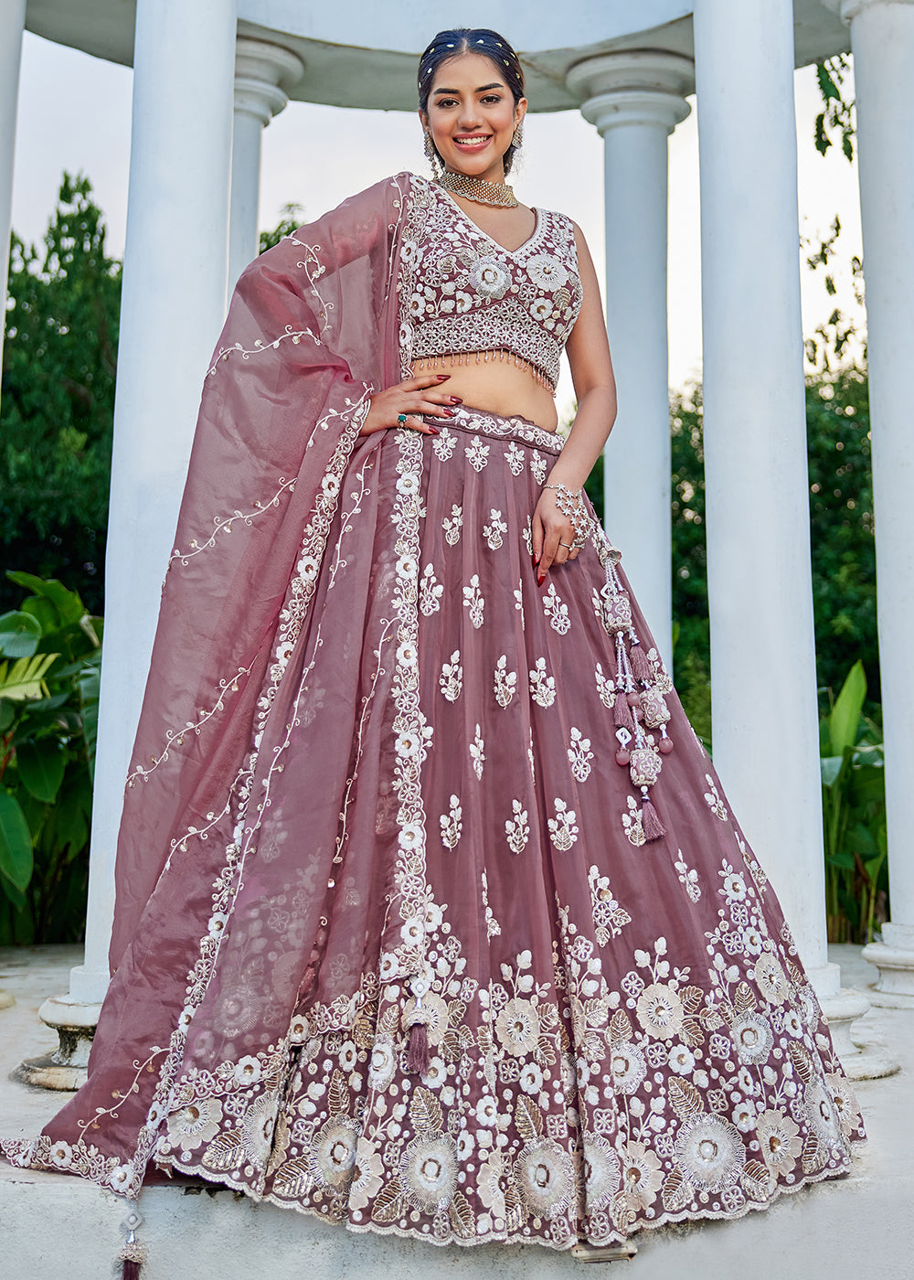 Buy Now Lavender Organza Beads & Sequins Wedding Lehenga Choli Online in US, UK, Canada, France, Italy, Germany, Austria, Denmark, Spain & Worldwide at Empress.