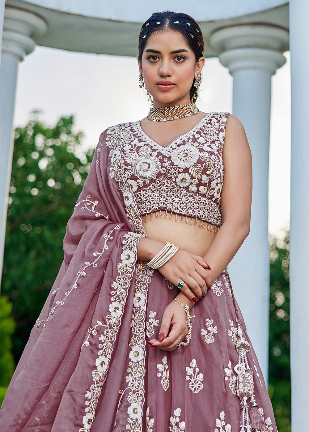 Buy Now Lavender Organza Beads & Sequins Wedding Lehenga Choli Online in US, UK, Canada, France, Italy, Germany, Austria, Denmark, Spain & Worldwide at Empress.