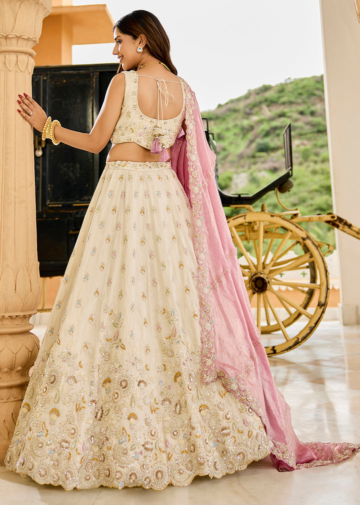 Buy Now Tissue Fabric Cream Color Wedding Reception Lehenga Choli Online in US, UK, Canada, France, Italy, Germany, Sweden, Greece, UAE & Worldwide at Empress.
