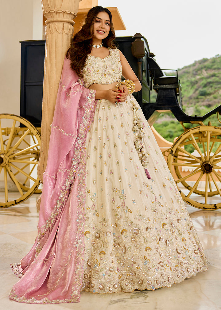 Buy Now Tissue Fabric Cream Color Wedding Reception Lehenga Choli Online in US, UK, Canada, France, Italy, Germany, Sweden, Greece, UAE & Worldwide at Empress.