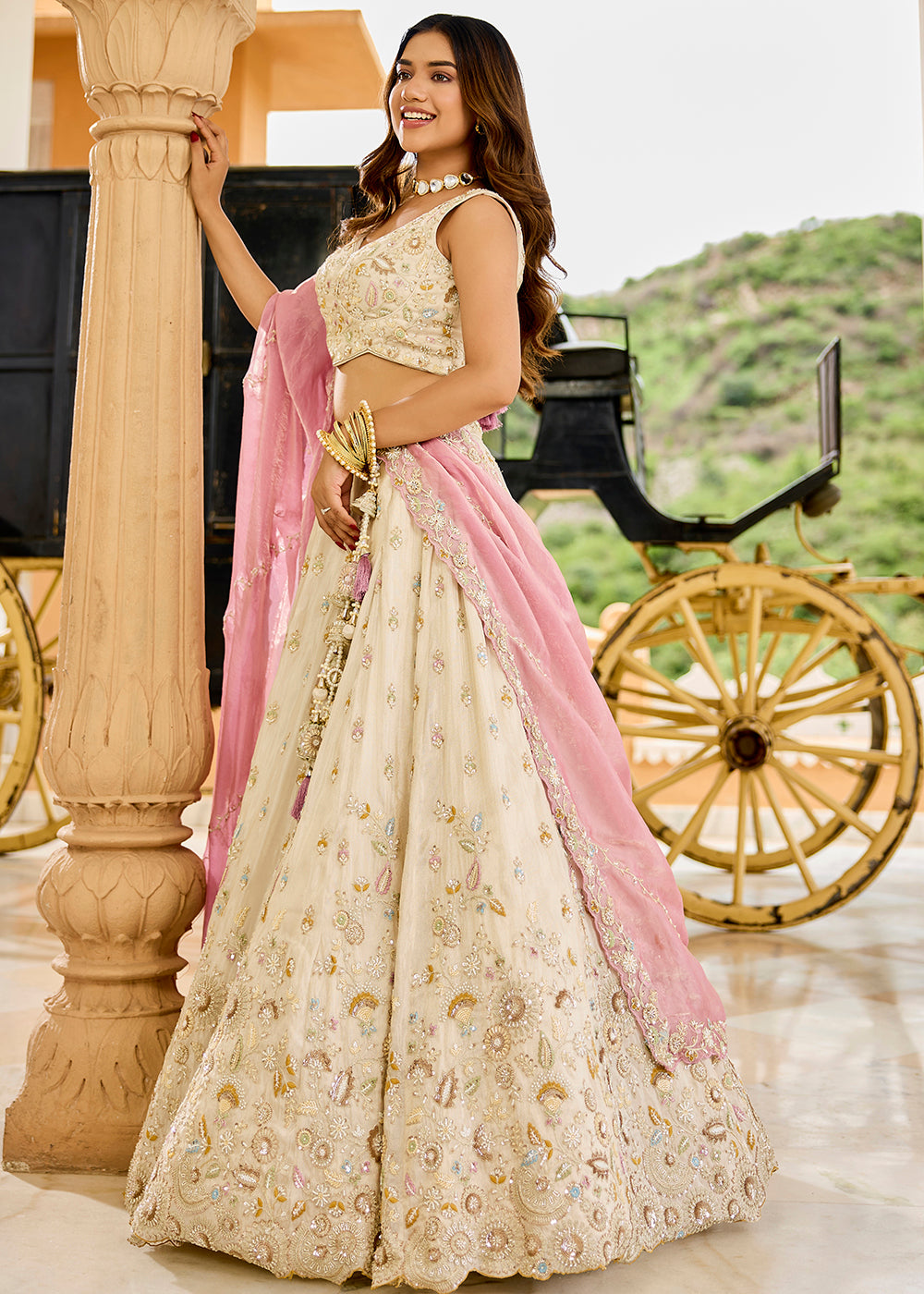 Buy Now Tissue Fabric Cream Color Wedding Reception Lehenga Choli Online in US, UK, Canada, France, Italy, Germany, Sweden, Greece, UAE & Worldwide at Empress.